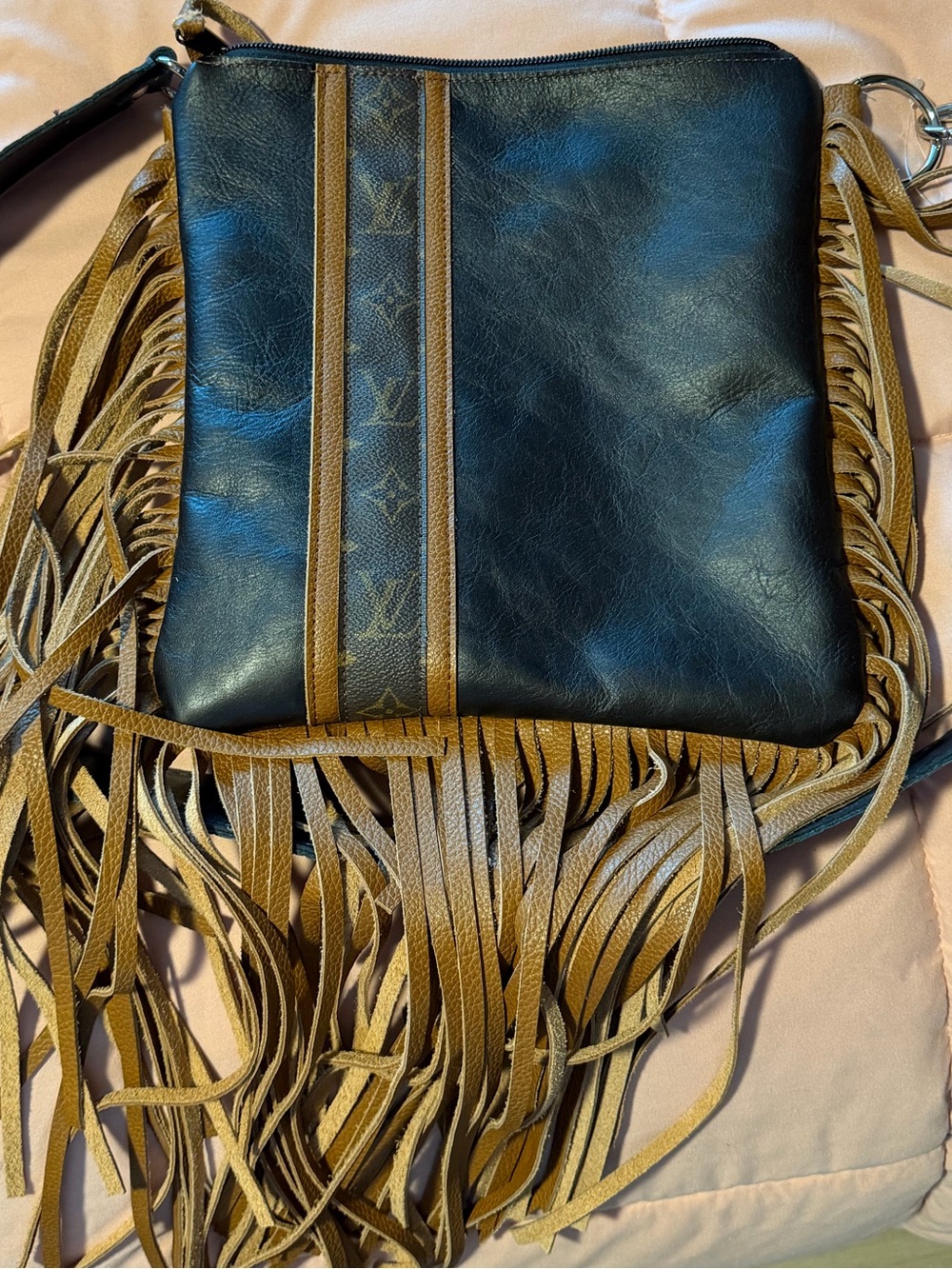 Leather Cowhide Fringe Purse with Upcycled Louis Vuitton leather